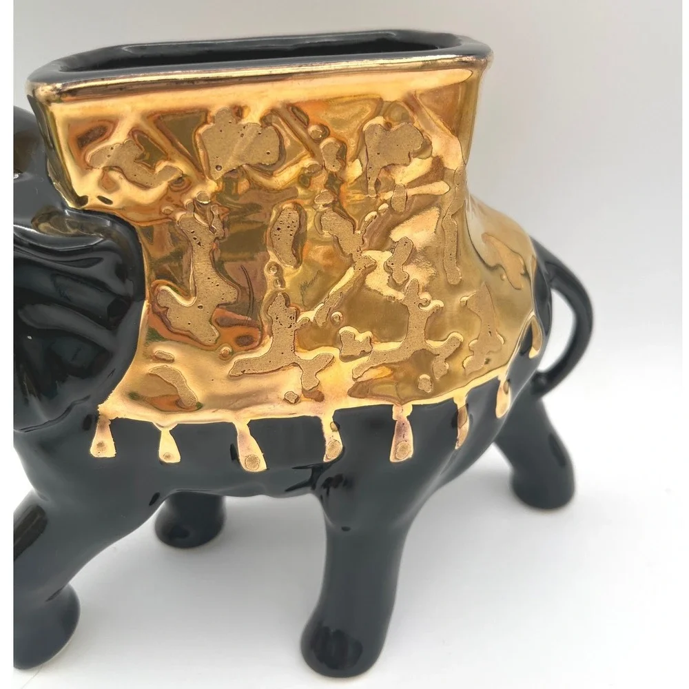 Vtg 50s elephant planter‎ glossy black 24kt gold-painted saddle blanket USA